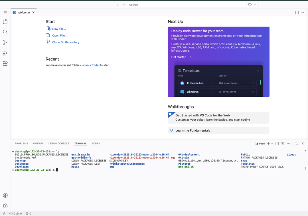 code-server open in the browser alongside a running cloud simulator instance