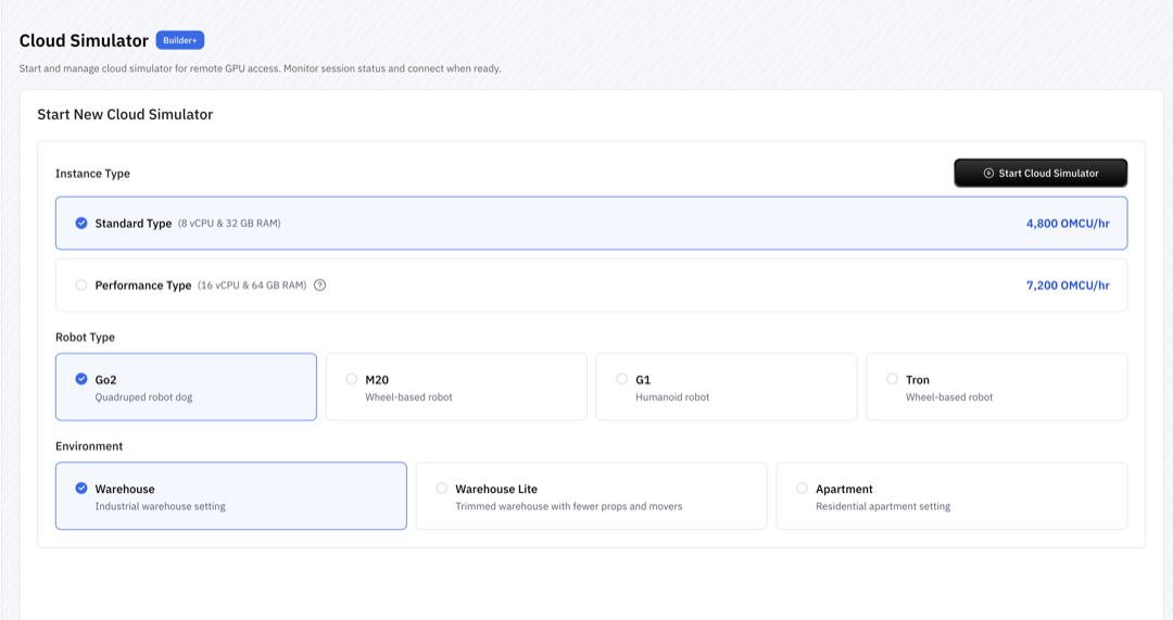 Cloud Simulator launch form showing instance type, robot type, and environment selection