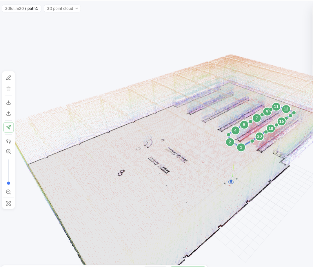 Deployed patrol route with waypoints on the 3D point cloud