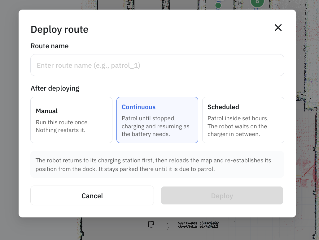 Deploy route dialog with Manual, Continuous, and Scheduled options