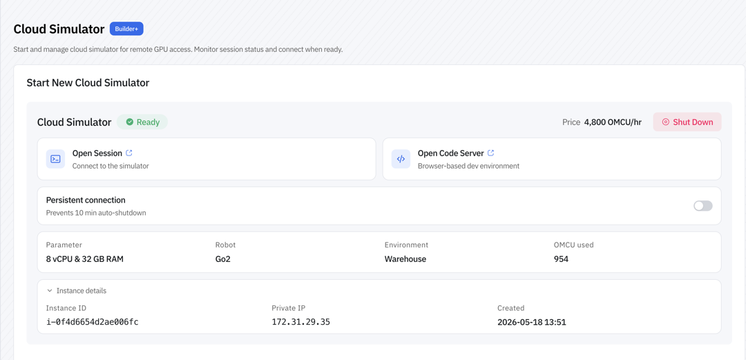 Ready instance card with Open Session, Open Code Server, and Persistent connection controls