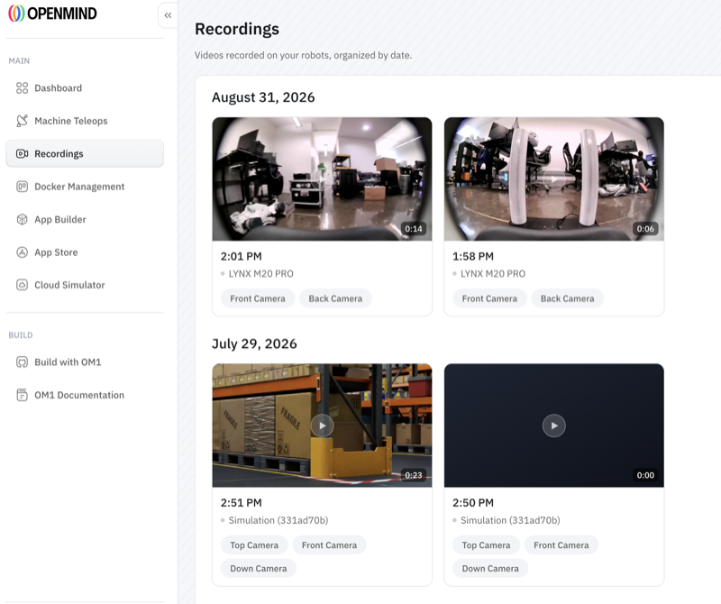 Recordings grouped by date, each card showing duration, timestamp, robot, and camera tags