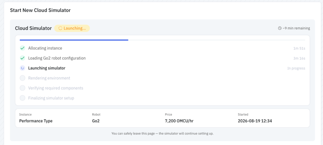Cloud Simulator card in the Processing state