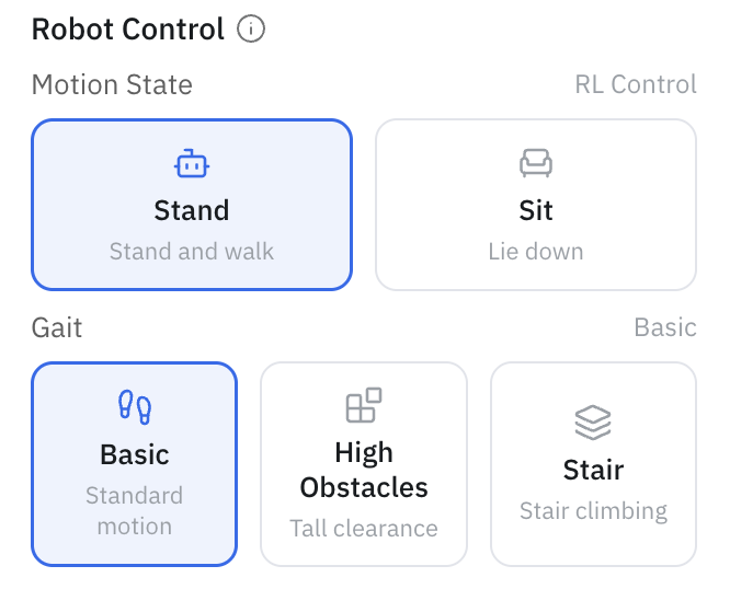 Robot Control panel — motion state and gait selection