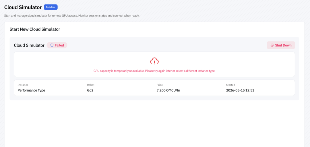 Launch failure showing the GPU capacity unavailable error